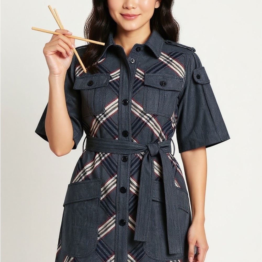 Chic Navy Plaid Long Sleeve Dress